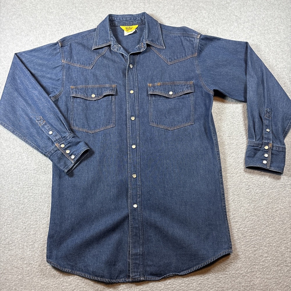 Work N Sport Men's Sz M Blue Denim Pearl Snap Button Up Chore Ranch Western